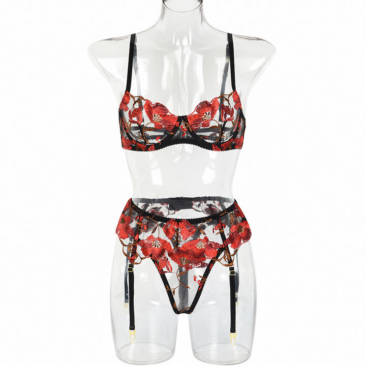 Style Lingerie Red Embroidered Flower Three-Piece Set