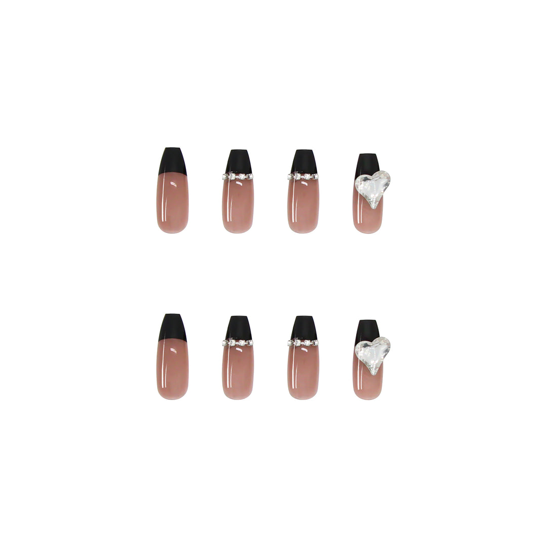 Black French Long Wearing Nail Rhinestone Love Chain Removable Fake Nail Piece Nail Sticker Manicure Nail