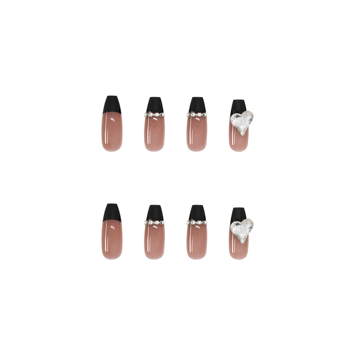 Black French Long Wearing Nail Rhinestone Love Chain Removable Fake Nail Piece Nail Sticker Manicure Nail