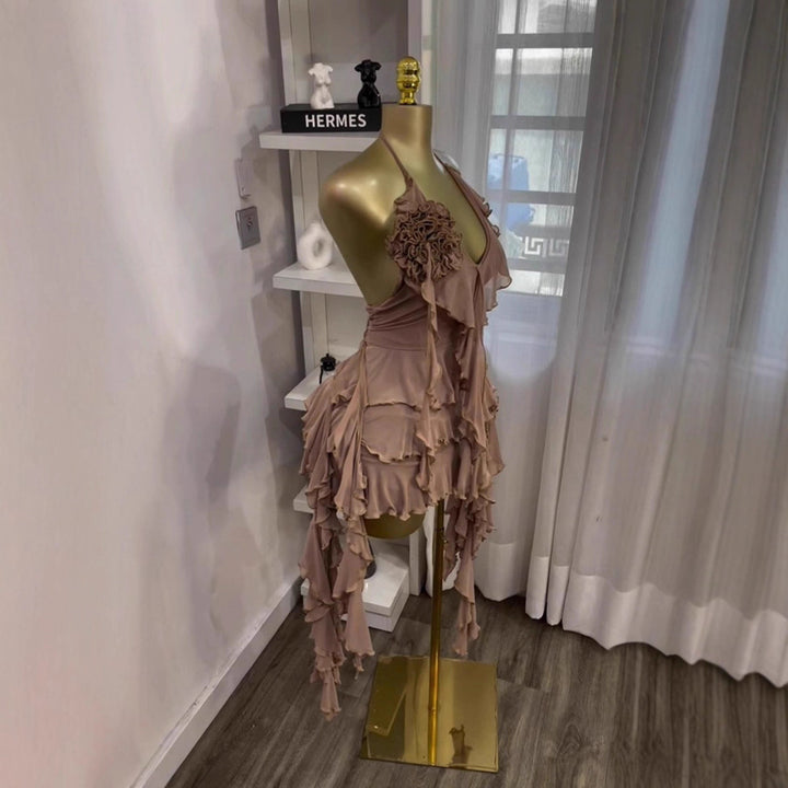Sleeveless V-neck Halter Neck Floral Embellished Asymmetrical Fringe Backless Sexy Bodycon Dress