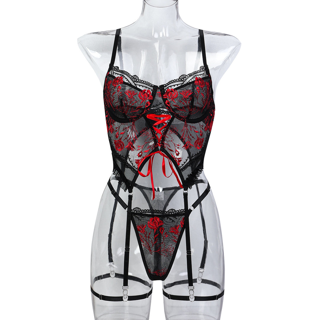 Floral Embroidery Cross-Tie Women's Sexy Lingerie Set