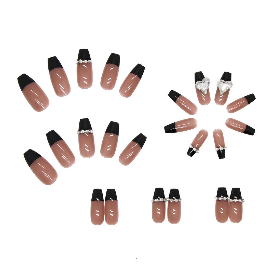 Black French Long Wearing Nail Rhinestone Love Chain Removable Fake Nail Piece Nail Sticker Manicure Nail