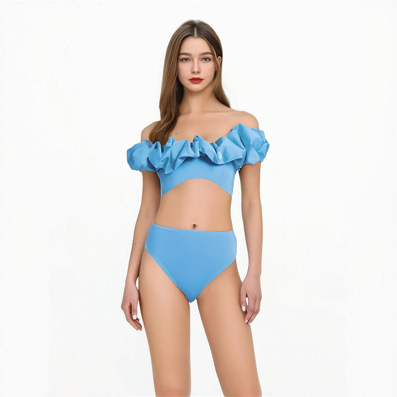 New one-piece bikini bubble shoulder solid color high waist split swimsuit