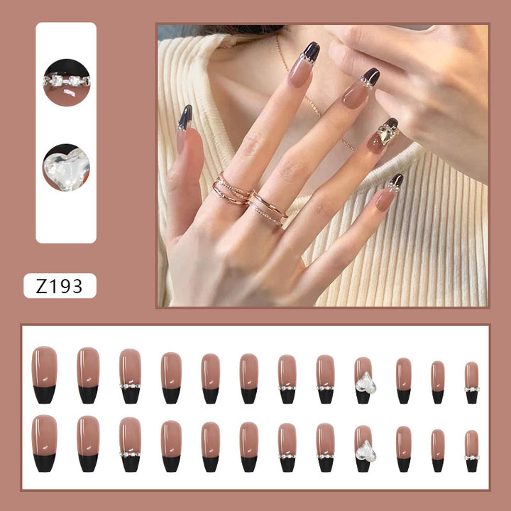 Black French Long Wearing Nail Rhinestone Love Chain Removable Fake Nail Piece Nail Sticker Manicure Nail