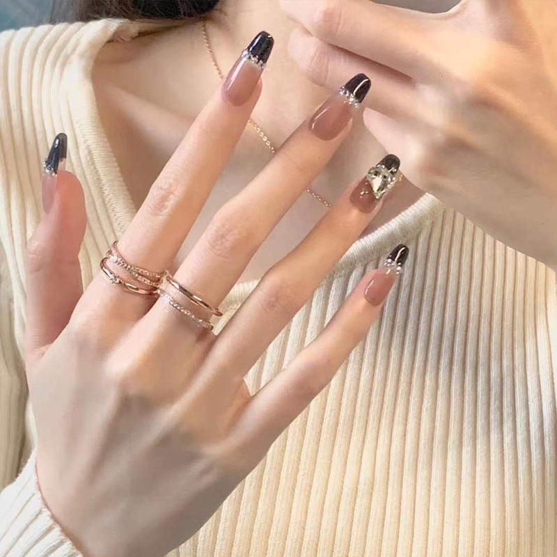 Black French Long Wearing Nail Rhinestone Love Chain Removable Fake Nail Piece Nail Sticker Manicure Nail