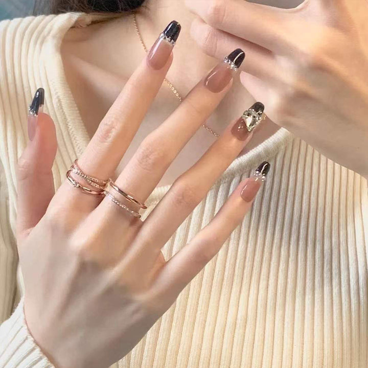 Black French Long Wearing Nail Rhinestone Love Chain Removable Fake Nail Piece Nail Sticker Manicure Nail