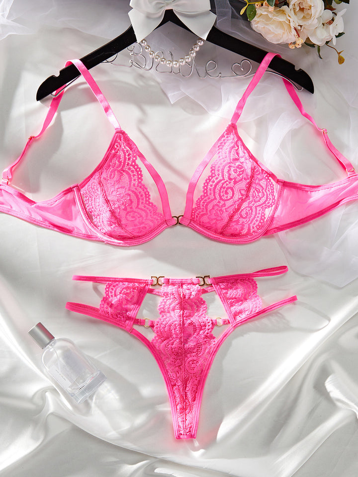 Lace splicing hollow perspective design sexy lingerie two-piece set
