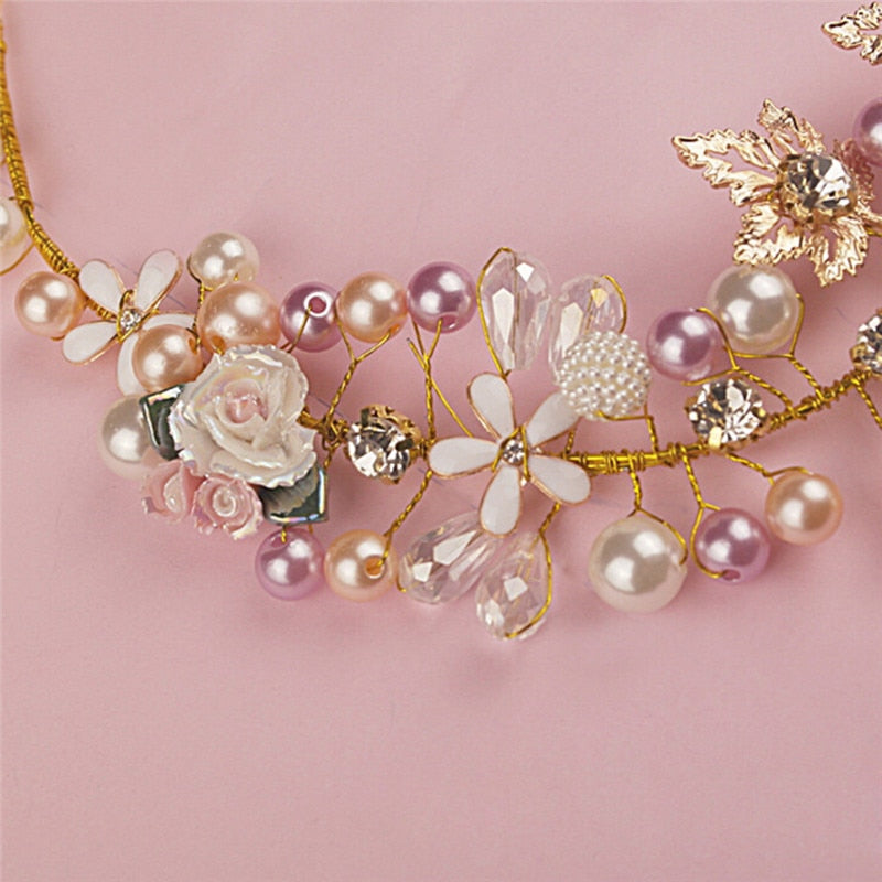 Luxury Pink Gold Pearl Bridal Crowns Handmade Tiara Bride Headband Crystal Wedding Diadem Queen Crown Wedding Hair Accessories
