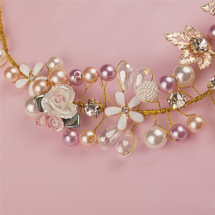 Luxury Pink Gold Pearl Bridal Crowns Handmade Tiara Bride Headband Crystal Wedding Diadem Queen Crown Wedding Hair Accessories