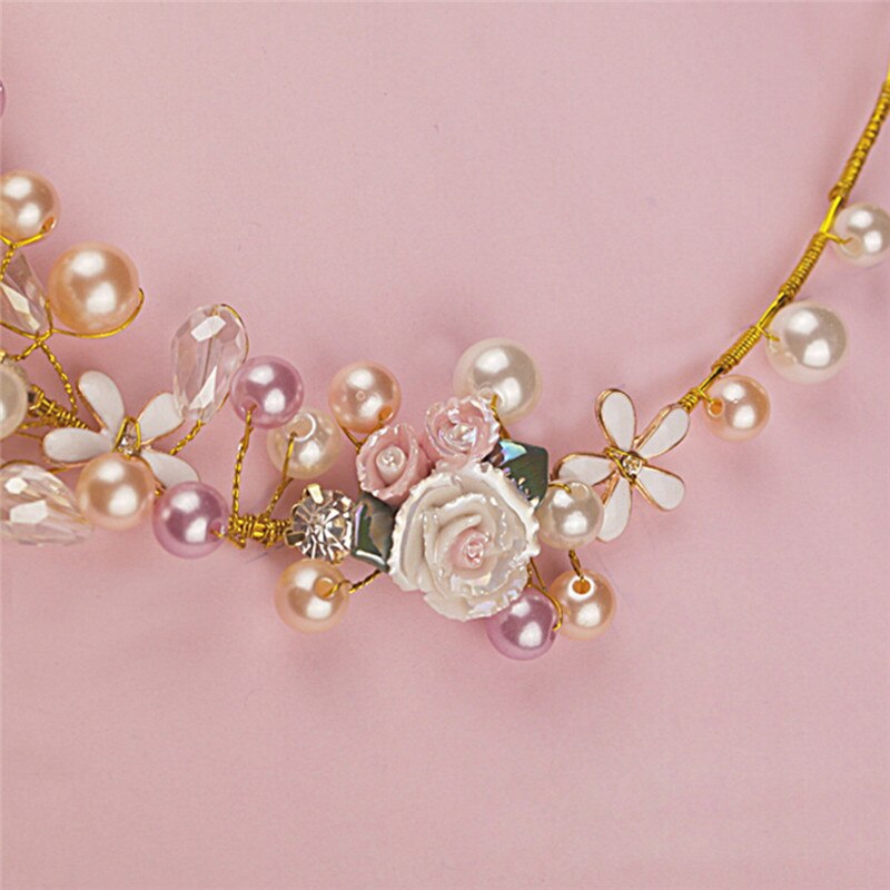 Luxury Pink Gold Pearl Bridal Crowns Handmade Tiara Bride Headband Crystal Wedding Diadem Queen Crown Wedding Hair Accessories