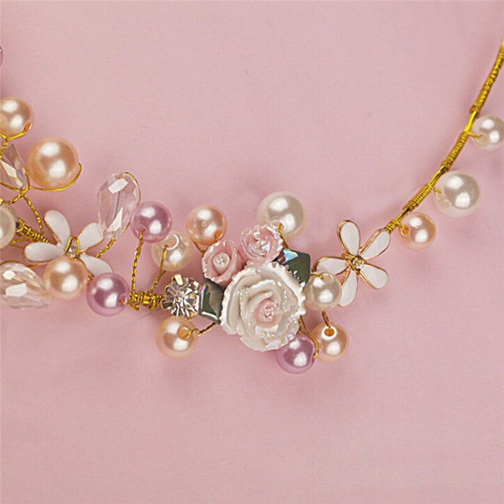 Luxury Pink Gold Pearl Bridal Crowns Handmade Tiara Bride Headband Crystal Wedding Diadem Queen Crown Wedding Hair Accessories