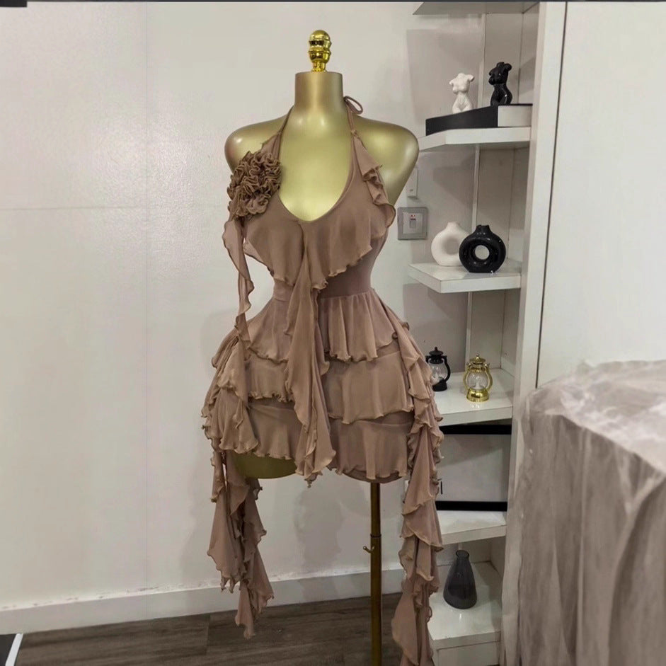 Sleeveless V-neck Halter Neck Floral Embellished Asymmetrical Fringe Backless Sexy Bodycon Dress