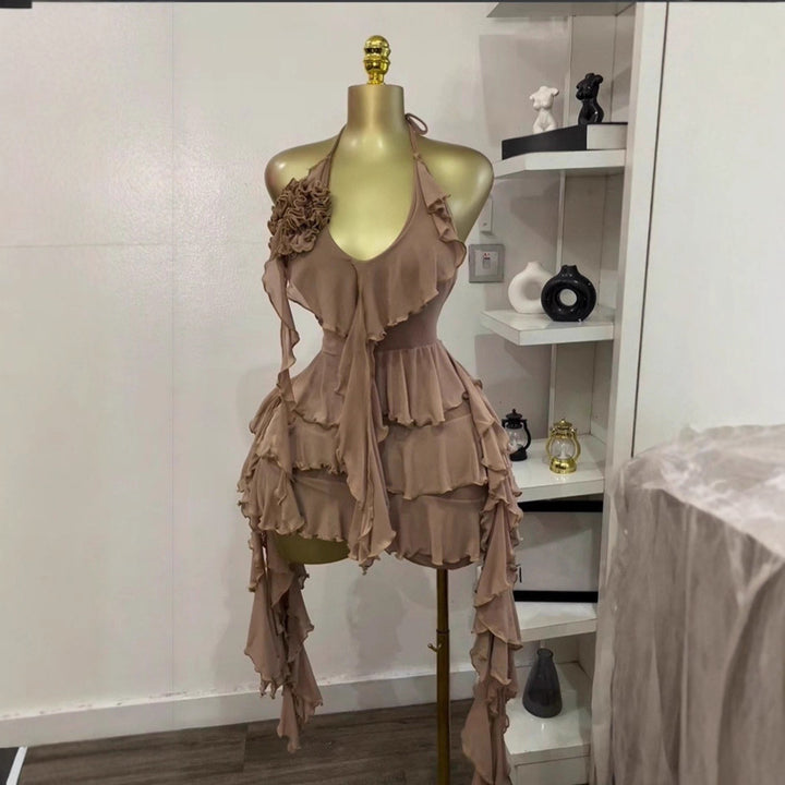 Sleeveless V-neck Halter Neck Floral Embellished Asymmetrical Fringe Backless Sexy Bodycon Dress