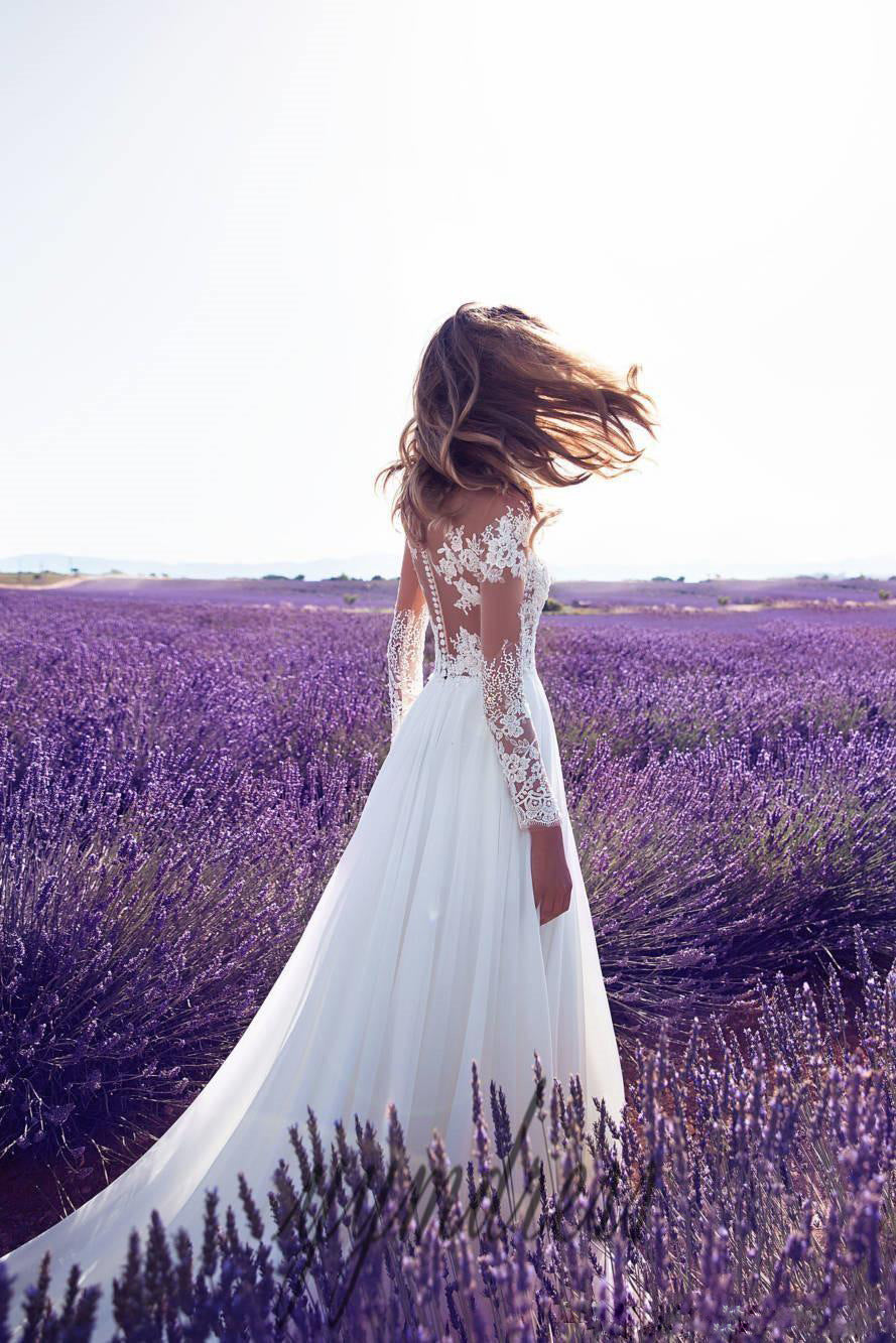 Style Long Sleeve Sheer Lace Wedding Bridesmaid Dress Slit Long Skirt