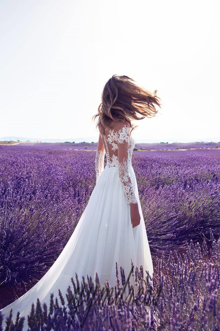 Style Long Sleeve Sheer Lace Wedding Bridesmaid Dress Slit Long Skirt