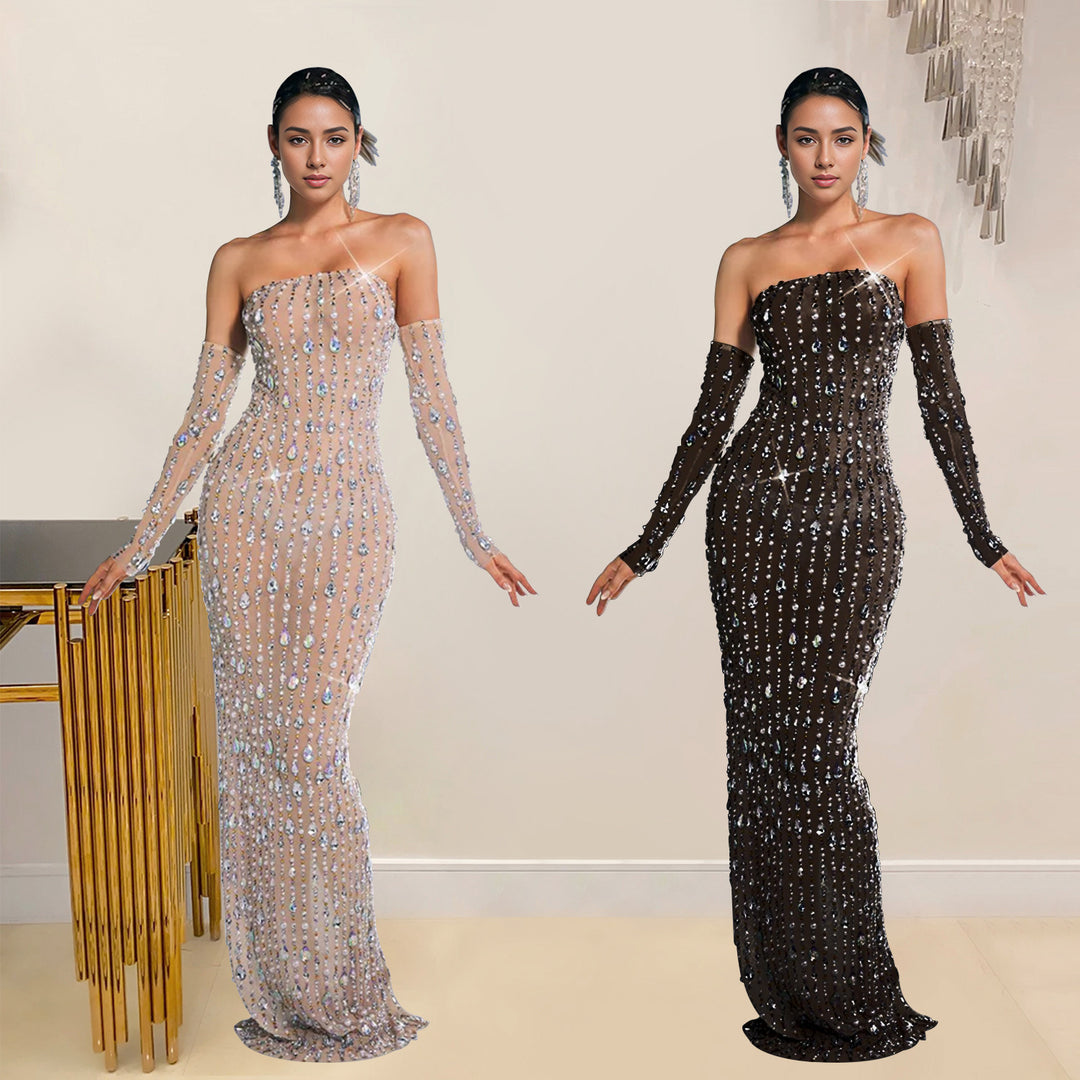 Fashion Women's Embellished One-Shoulder Dress Long Dress