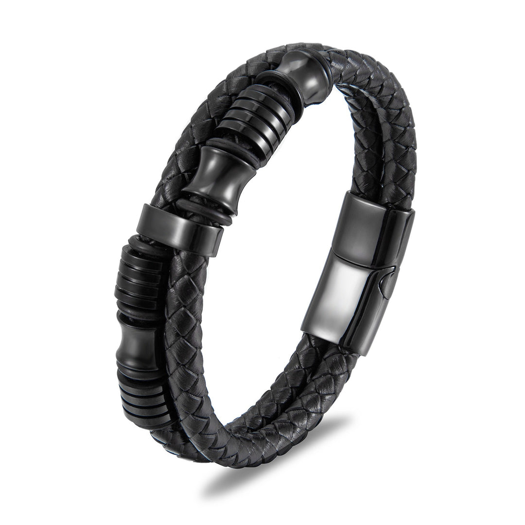 Black leather stainless steel men's bracelet