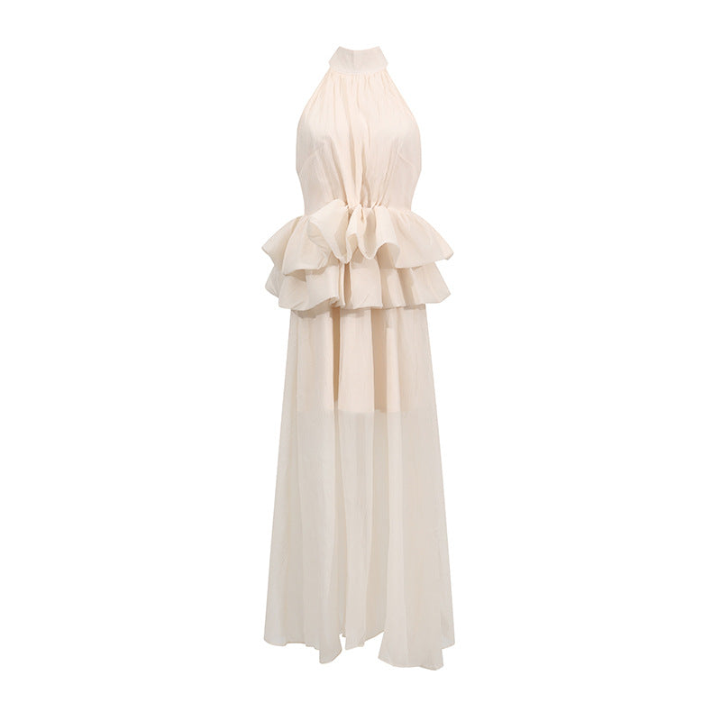 Elegant Wedding Dress High-End Formal Wear Series Women's Summer High Neck Sleeveless Waist Ruffle Long Skirt Dress