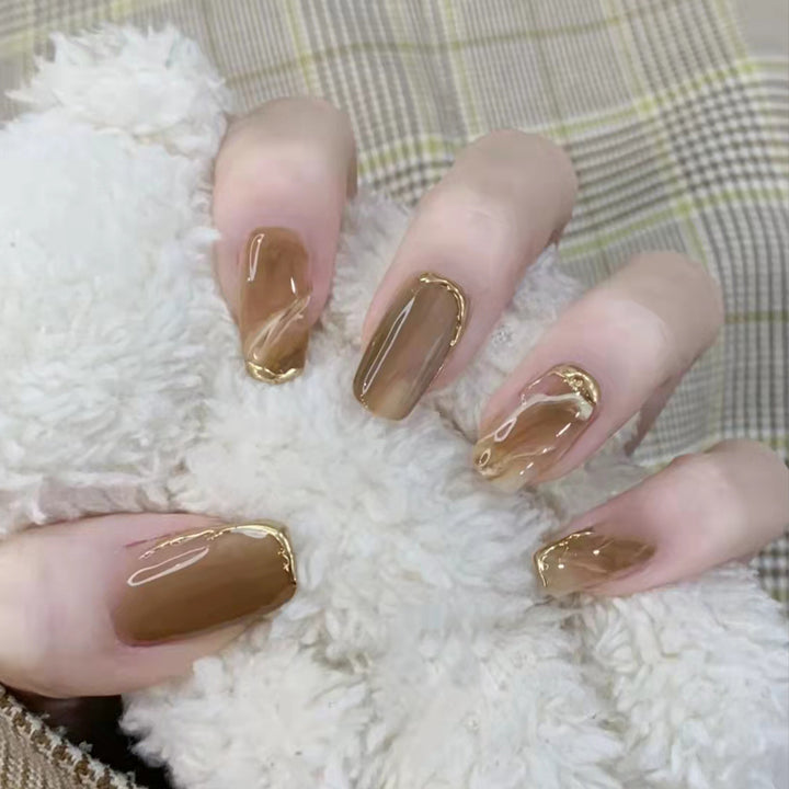 Wearing Warm Brown White Double Spell Smudged Golden Texture Ins Style Manicure Patch The Finished Product Is Removable