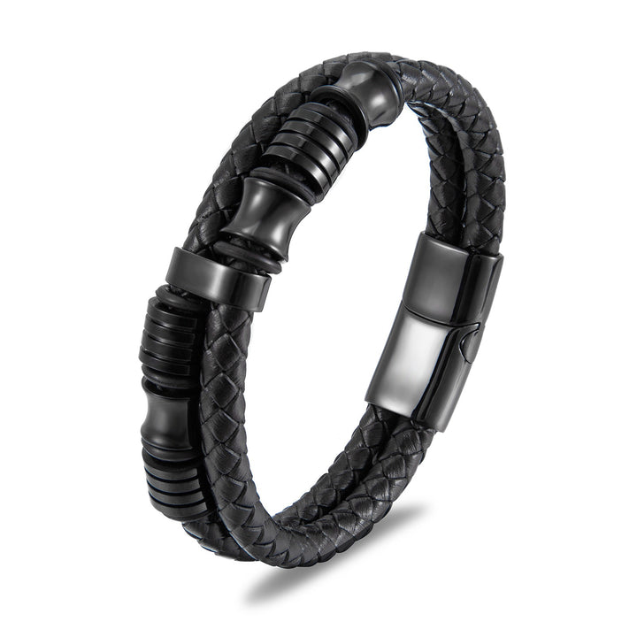 Black leather stainless steel men's bracelet