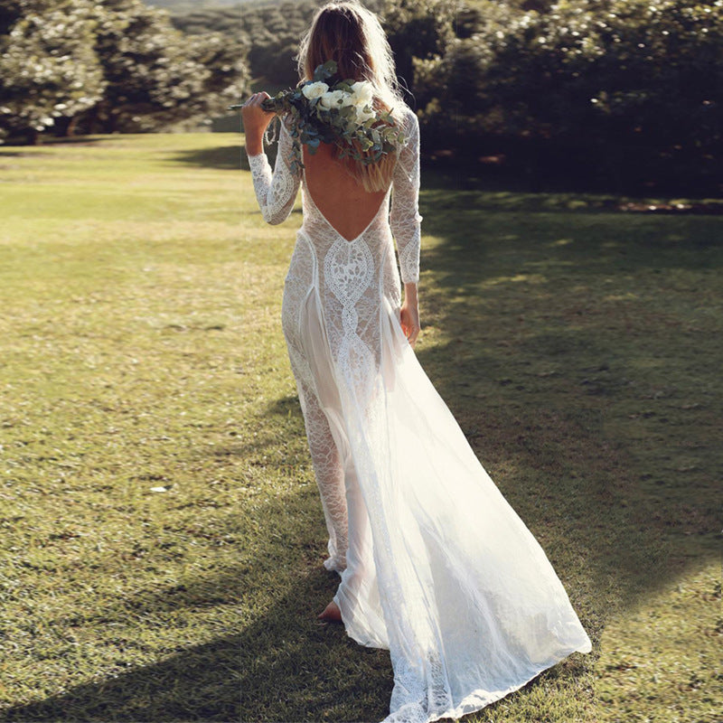 Women's Dress Long Sleeve Lace Sexy Backless Floor-Length Wedding Dress Formal Gown