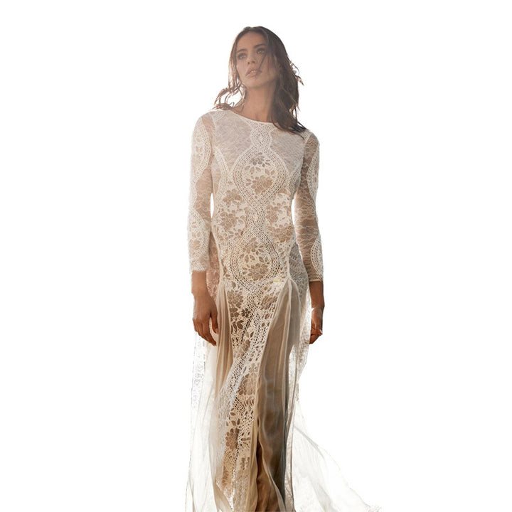 Women's Dress Long Sleeve Lace Sexy Backless Floor-Length Wedding Dress Formal Gown