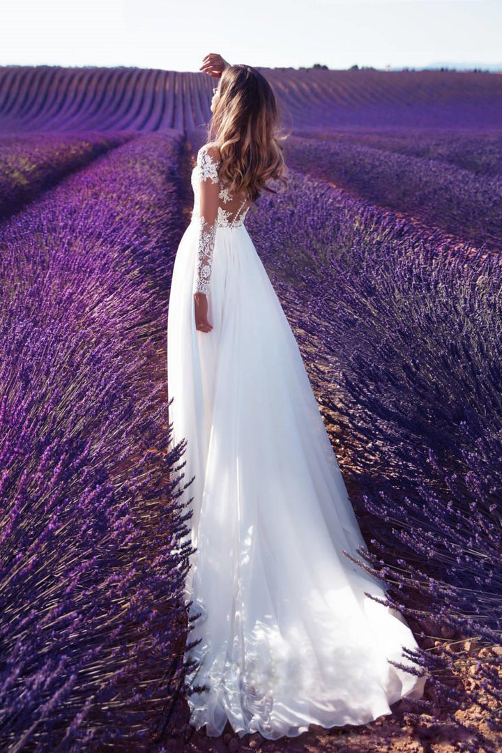 Style Long Sleeve Sheer Lace Wedding Bridesmaid Dress Slit Long Skirt