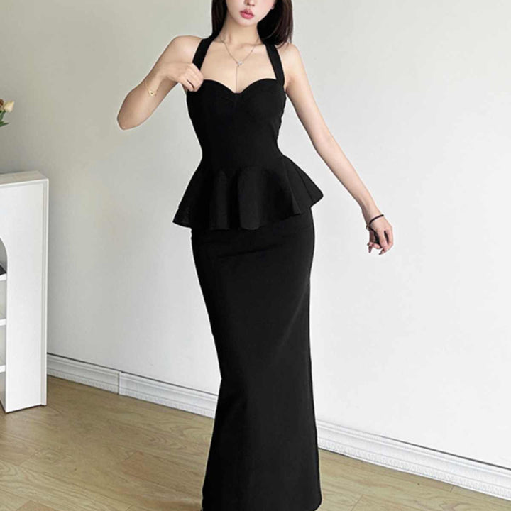 Mysterious Girl Elegant Secretary Style Pure Desire Black Strapless Dress for Women, Umbrella Hem Fitted Waist Cinched Bodycon Long Dress