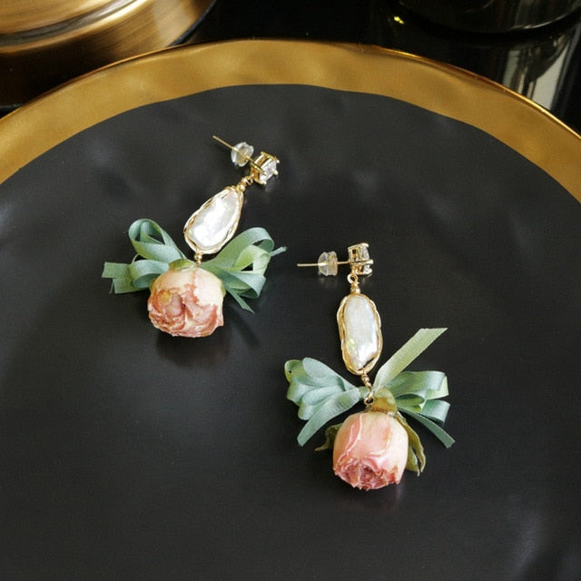 GLSEEVO Natural Fresh Water Baroque Pearl Dangle Earrings For Women Flower Drop Earrings Wedding Gifts Fine Jewellery