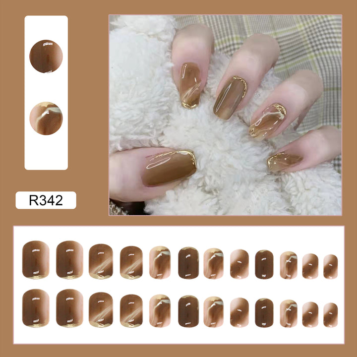 Wearing Warm Brown White Double Spell Smudged Golden Texture Ins Style Manicure Patch The Finished Product Is Removable