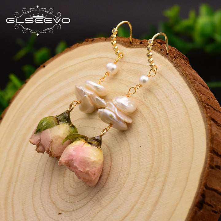 GLSEEVO Natural Fresh Water Baroque Pearl Dangle Earrings For Women Flower Drop Earrings Wedding Gifts Fine Jewellery