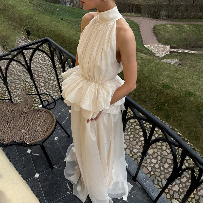 Elegant Wedding Dress High-End Formal Wear Series Women's Summer High Neck Sleeveless Waist Ruffle Long Skirt Dress