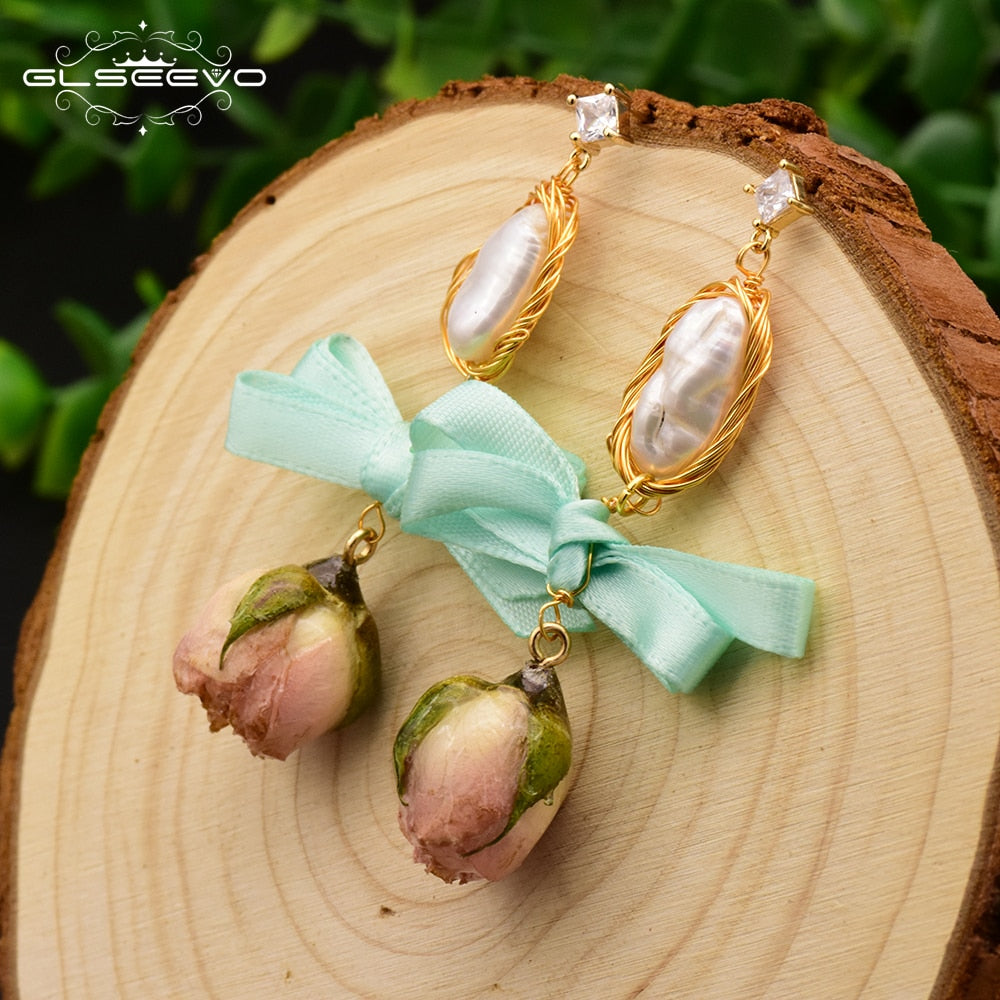 GLSEEVO Natural Fresh Water Baroque Pearl Dangle Earrings For Women Flower Drop Earrings Wedding Gifts Fine Jewellery
